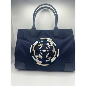 Tory Burch Ella Embroidered Logo Nylon Tote French Navy Good Used Condition